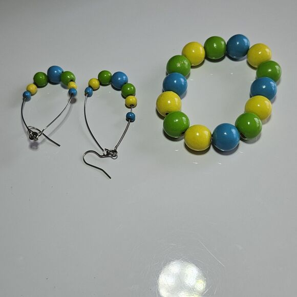 Yellow, Blue Green Silver Tone Matching Wood Beaded Earrings Bracelet Set 7.25" - Picture 16 of 16